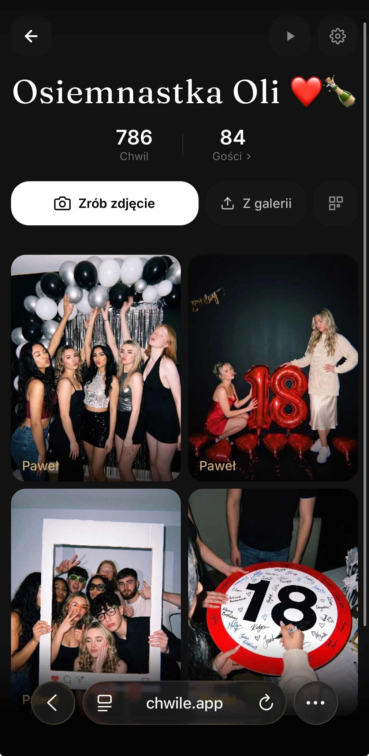 Galeria zdjęć z osiemnastki w aplikacji Chwile