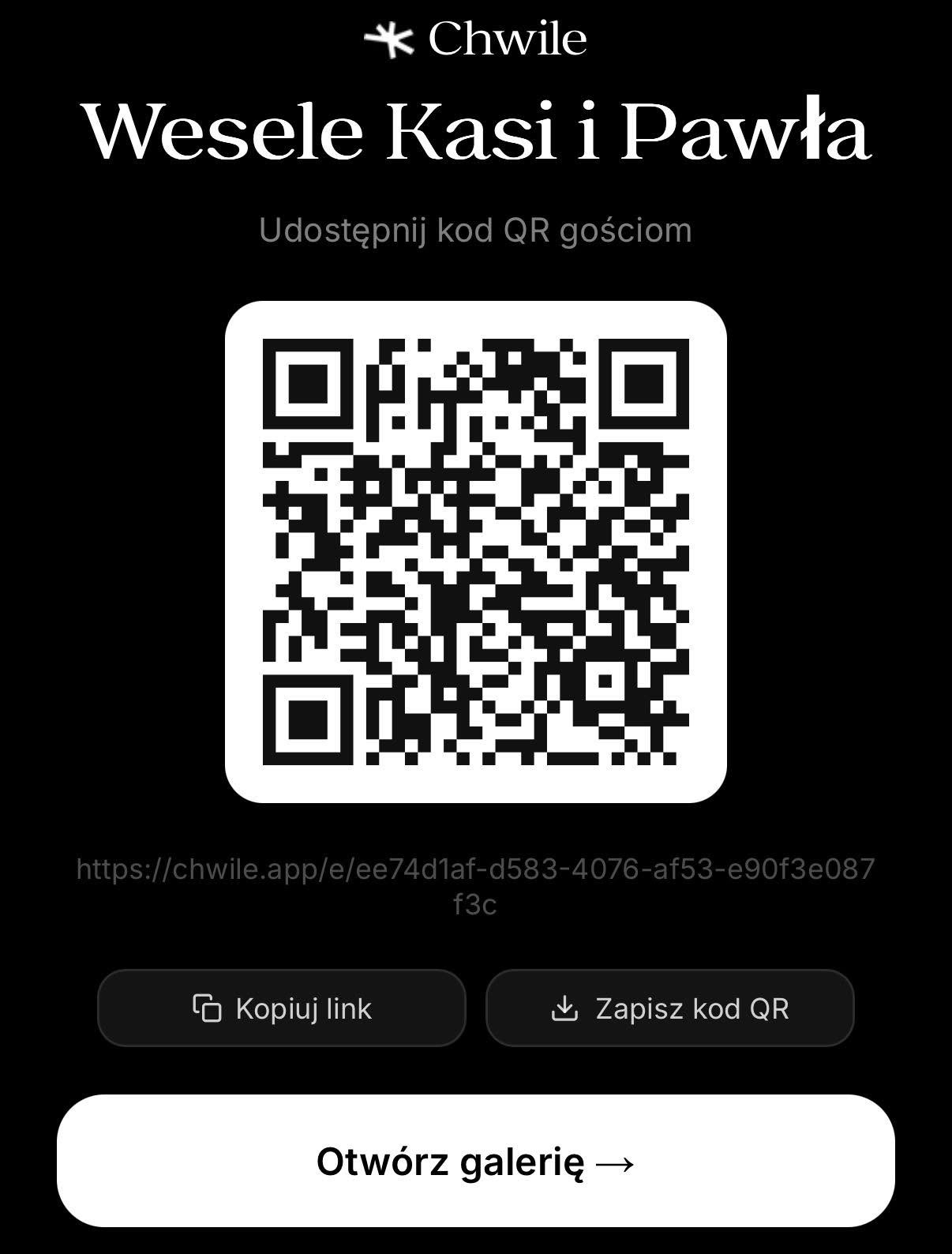 Kod QR i link do wydarzenia w aplikacji Chwile
